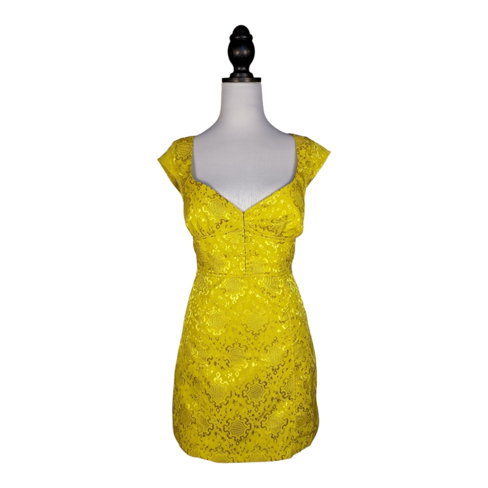 Urban Outfitters Mini Dress Yellow Jacquard Open Back Retro Mod Glam Coquette L - Picture 2 of 8